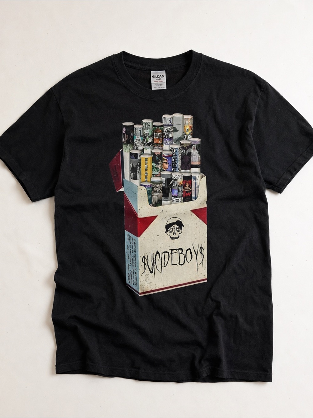 Gildan Black Tee with Colorful Cigarette Pack Graphic